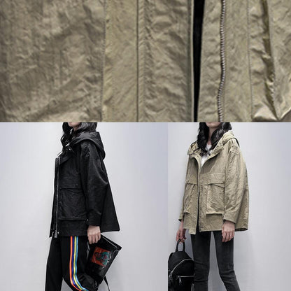 Black Clothes Work Outfits Hooded Zippered Coat