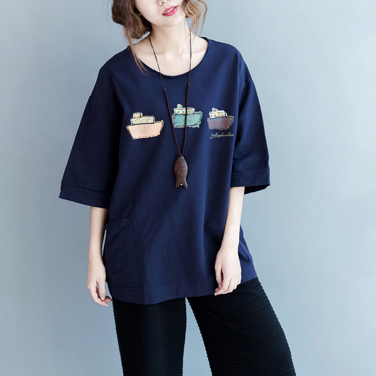 Blue Cotton Blouses for Fine Fabrics Half Sleeve Pockets Art Shirts