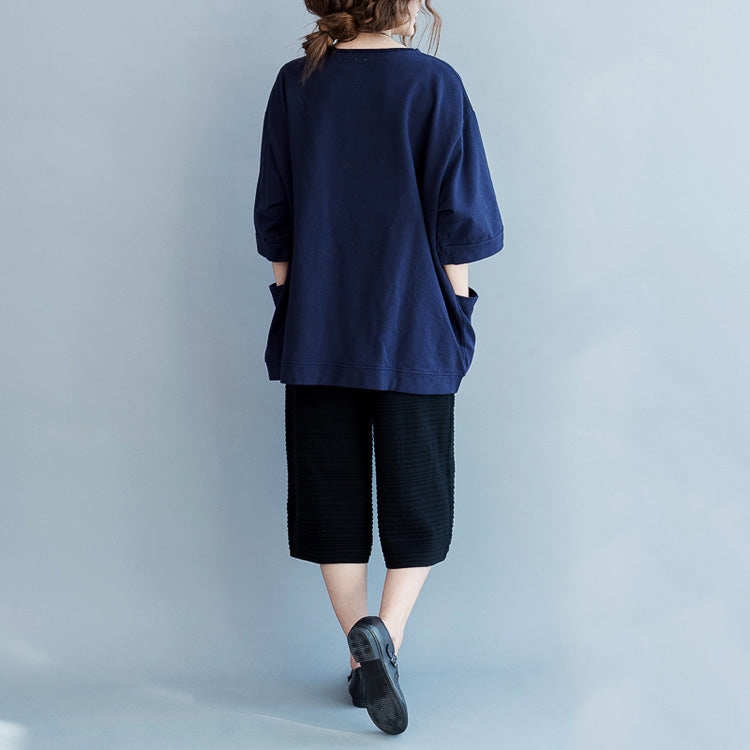 Blue Cotton Blouses for Fine Fabrics Half Sleeve Pockets Art Shirts