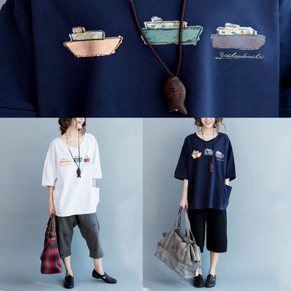 Blue Cotton Blouses for Fine Fabrics Half Sleeve Pockets Art Shirts