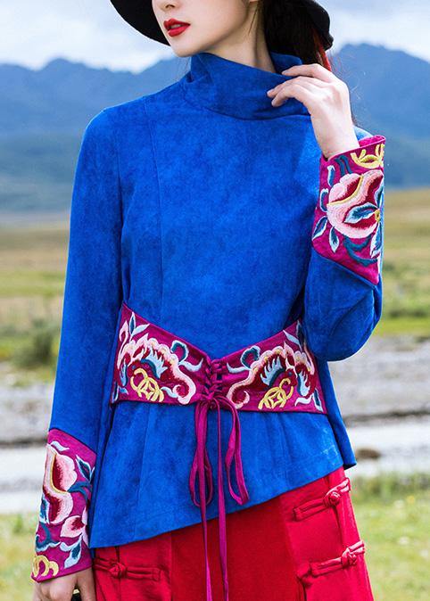 Beautiful blue cotton crane tops embroidery box high neck blouse