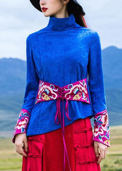 Beautiful blue cotton crane tops embroidery box high neck blouse