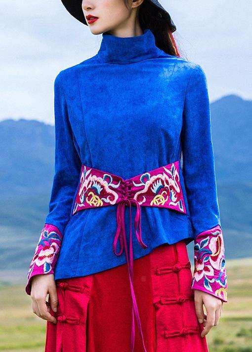 Blue Cotton Crane Tops Embroidery Box High Neck Blouse