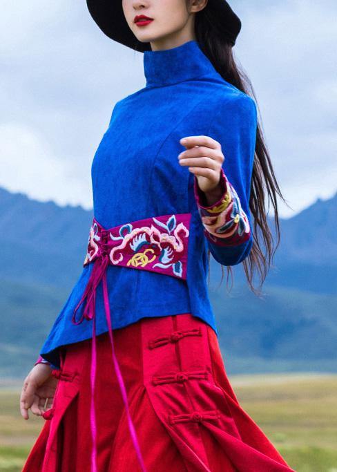 Blue Cotton Crane Tops Embroidery Box High Neck Blouse