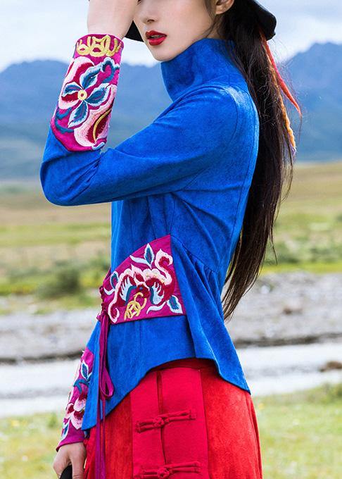 Beautiful blue cotton crane tops embroidery box high neck blouse