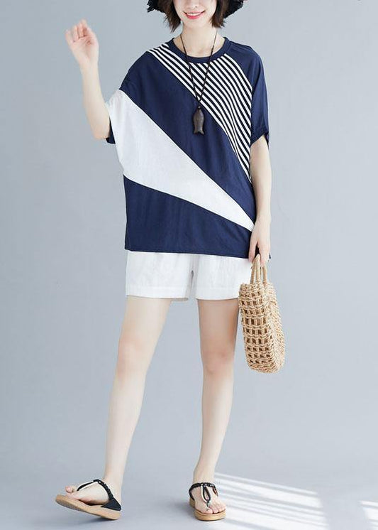 Blue O Neck Cotton Crane Tops Batwing Sleeve Short Summer Blouse