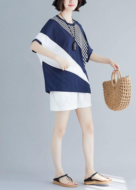 Blue O Neck Cotton Crane Tops Batwing Sleeve Short Summer Blouse