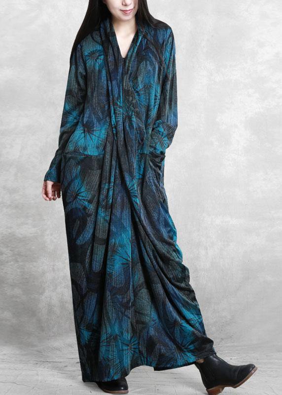 Blue Print Dresses V Neck Asymmetric Dresses