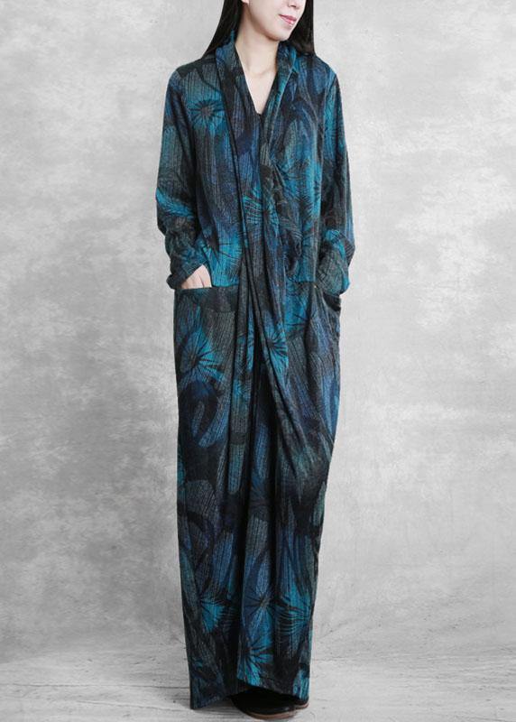 Blue Print Dresses V Neck Asymmetric Dresses