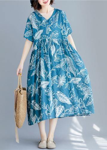 Blue Print Linen Clothes for V Neck Cinched Cotton Summer Dresses
