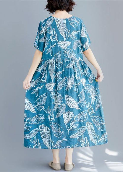 Blue Print Linen Clothes for V Neck Cinched Cotton Summer Dresses