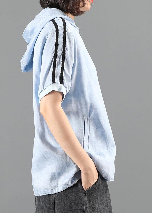 Blue Top Hooded Patchwork Tunic Summer Tops