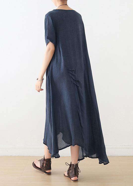 Blue Cinched Cotton Tunics Asymmetric Long Summer Dress