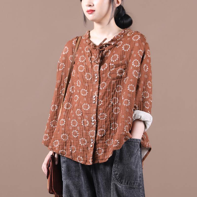 Brown Print Top Silhouette O Neck Button Down Dresses Blouses