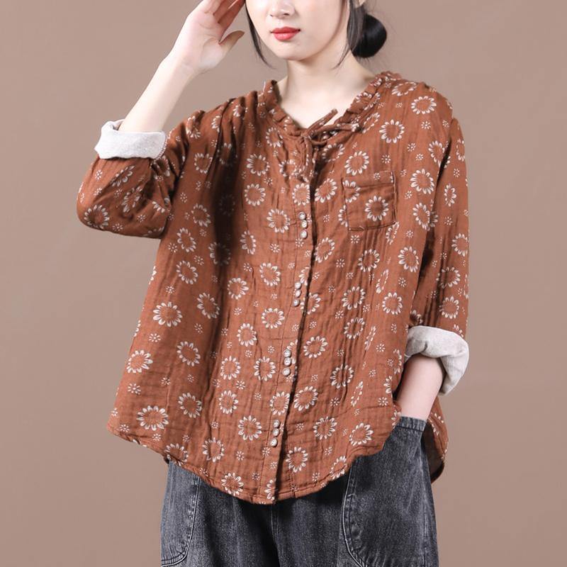 Brown Print Top Silhouette O Neck Button Down Dresses Blouses