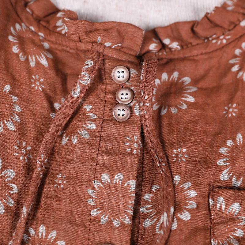 Brown Print Top Silhouette O Neck Button Down Dresses Blouses