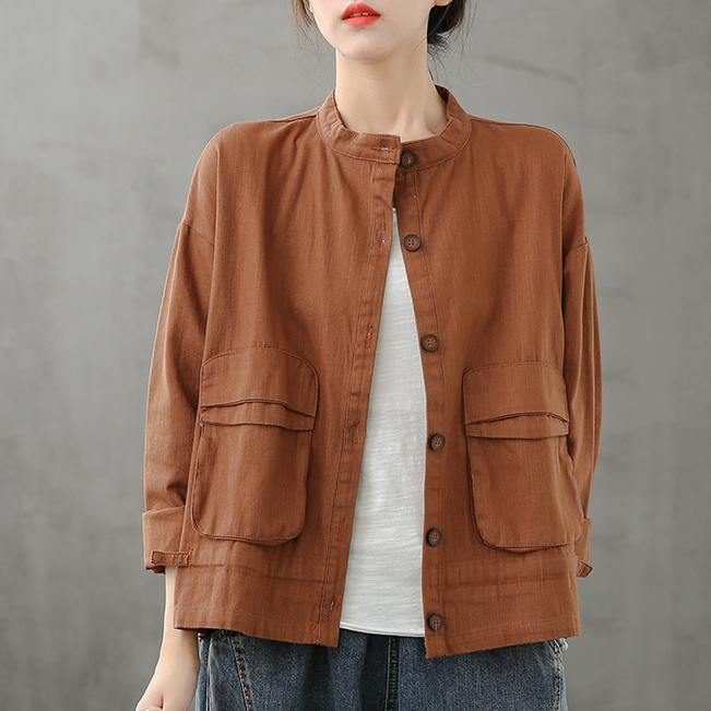 Chocolate Coats Design Stand Collar Pockets Coats