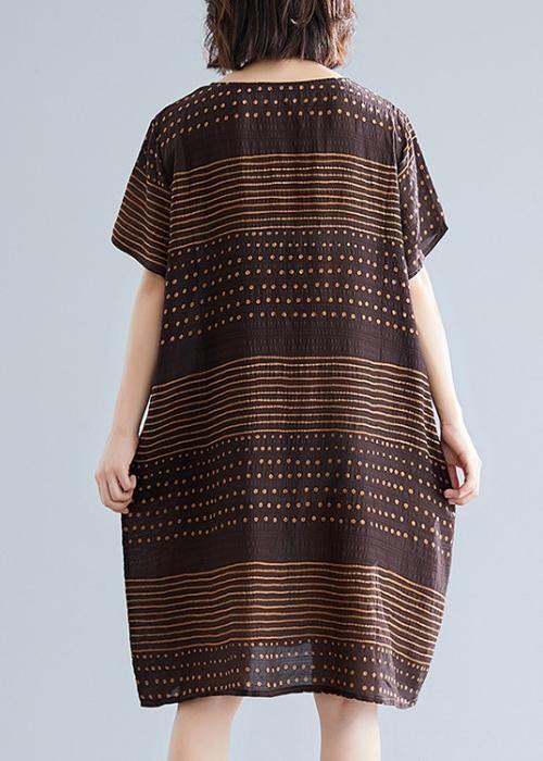 Chocolate Dotted Cotton Tunic Top O Neck Pockets Short Dress