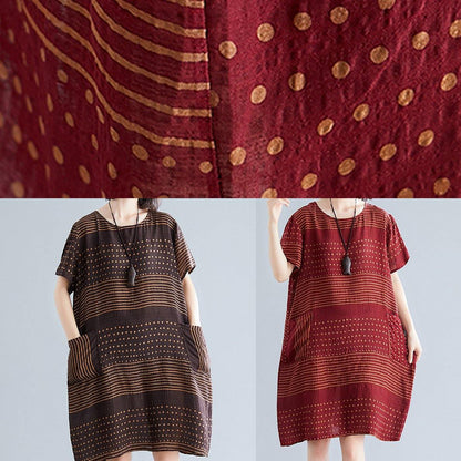 Chocolate Dotted Cotton Tunic Top O Neck Pockets Short Dress