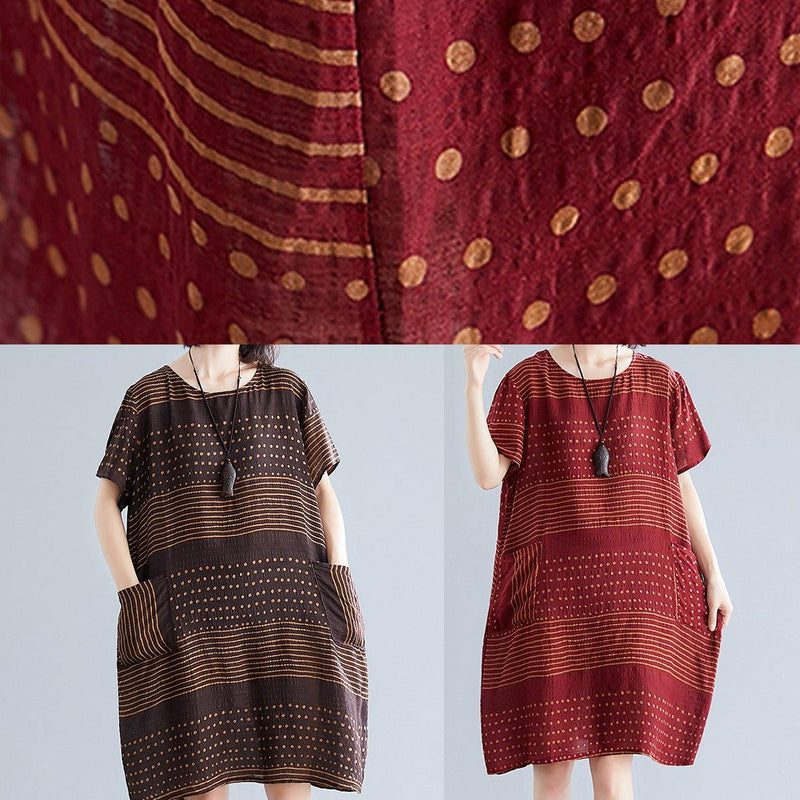 Chocolate Dotted Cotton Tunic Top O Neck Pockets Short Dress