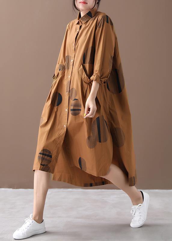 Chocolate Dotted Dresses Lapel Low High Design Dresses Spring Dress