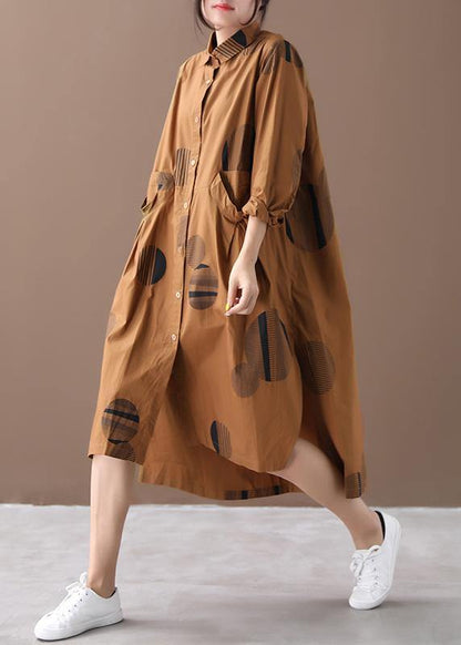 Chocolate Dotted Dresses Lapel Low High Design Dresses Spring Dress