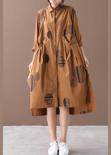 Chocolate Dotted Dresses Lapel Low High Design Dresses Spring Dress