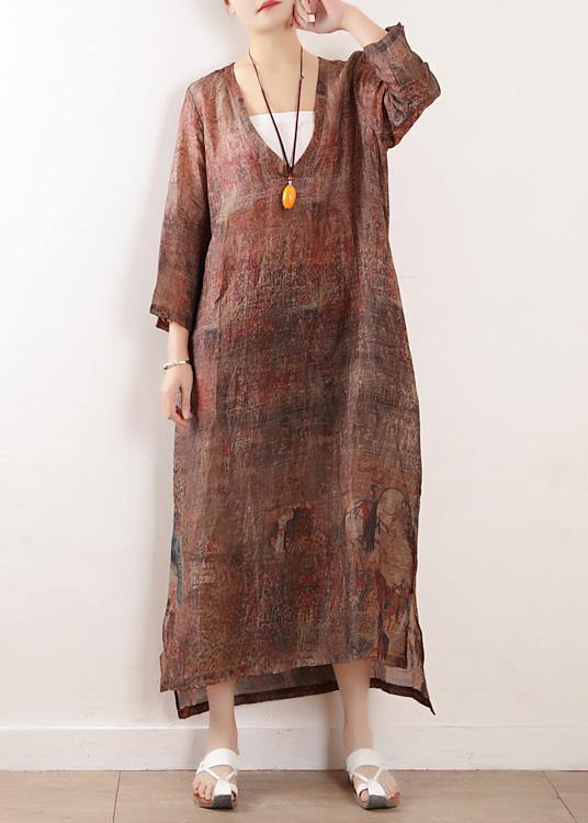 Chocolate Print Linen Clothes for V Neck Side Open Maxi Dresses