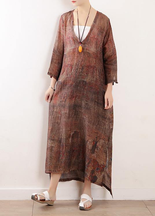 Chocolate Print Linen Clothes for V Neck Side Open Maxi Dresses