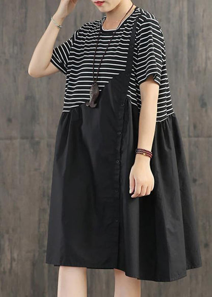 Cotton Clothes Stripes Spliced Round Collar Dress