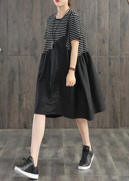 Cotton Clothes Stripes Spliced Round Collar Dress
