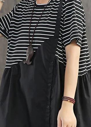 Cotton Clothes Stripes Spliced Round Collar Dress