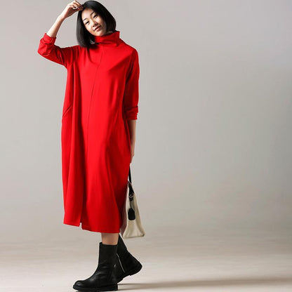 Cotton Dress High Neck Inspiration Red Long Dress Front Open
