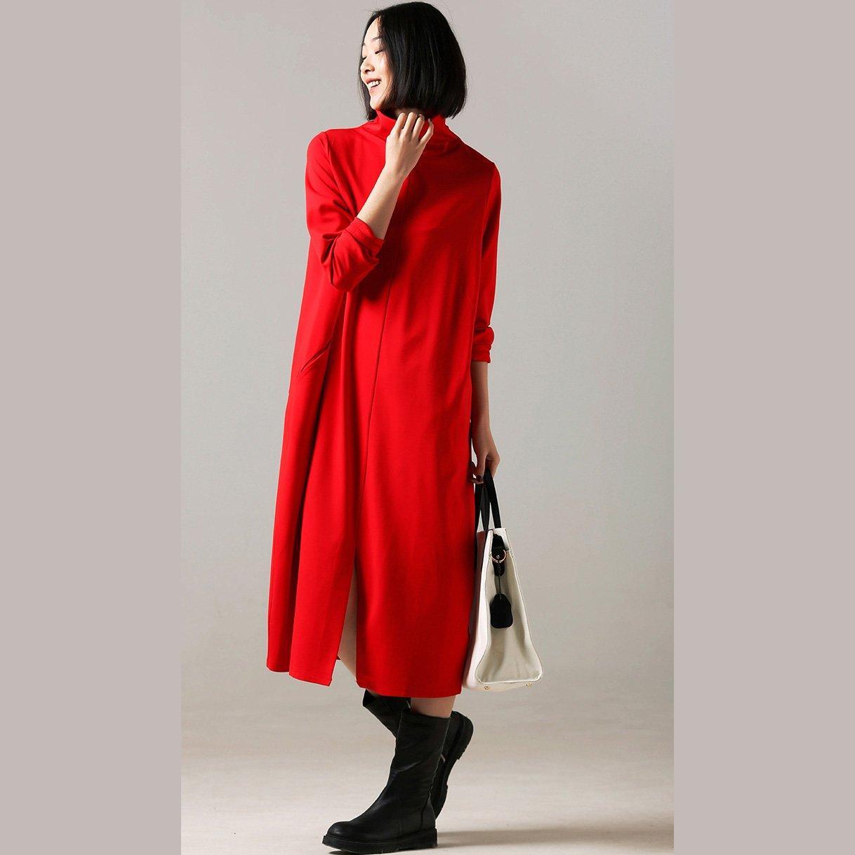 Cotton Dress High Neck Inspiration Red Long Dress Front Open