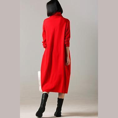 Cotton Dress High Neck Inspiration Red Long Dress Front Open