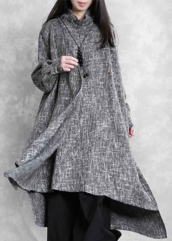 Gray Plaid Linen Clothes High Neck Asymmetric Traveling Dresses
