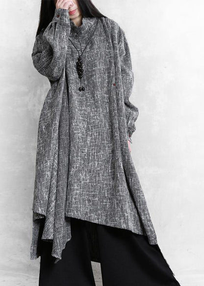Gray Plaid Linen Clothes High Neck Asymmetric Traveling Dresses