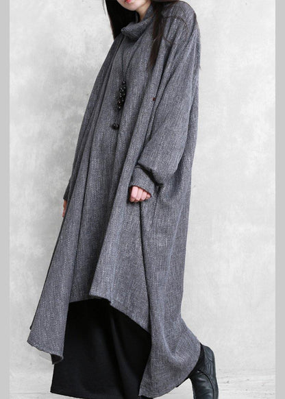 Gray Plaid Linen Clothes High Neck Asymmetric Traveling Dresses