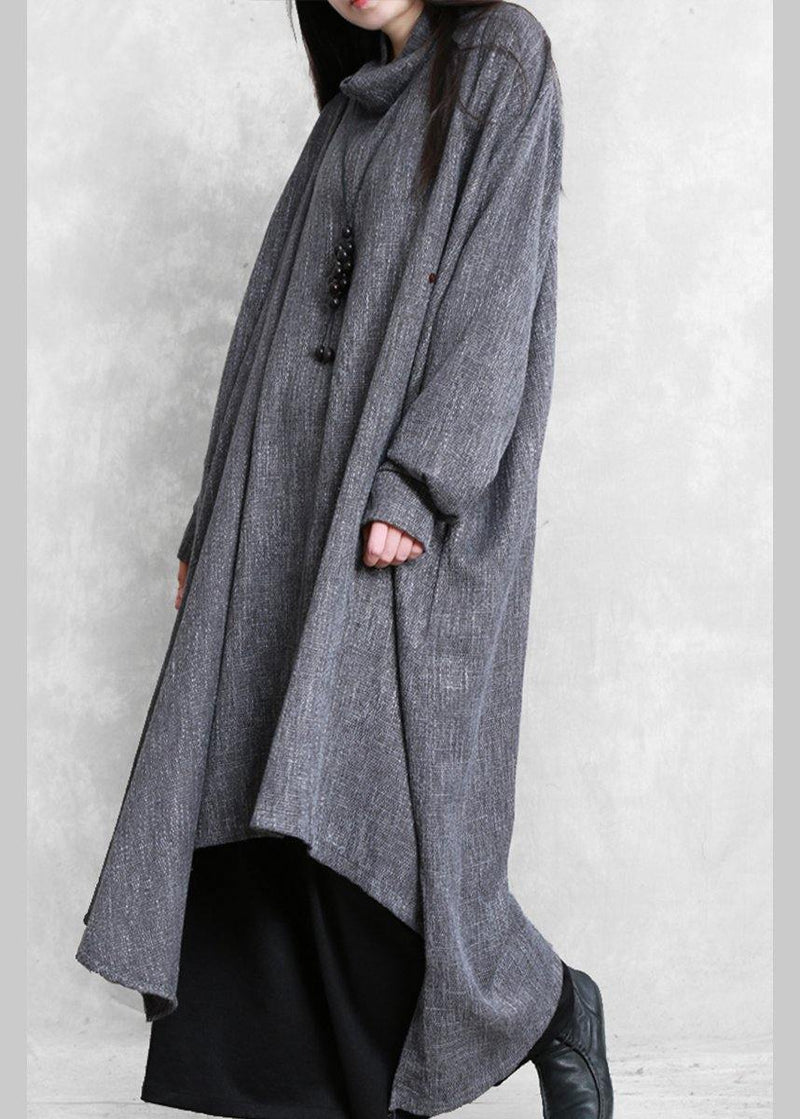 Gray Plaid Linen Clothes High Neck Asymmetric Traveling Dresses
