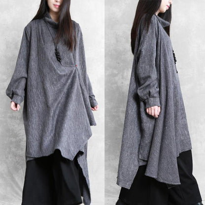 Gray Plaid Linen Clothes High Neck Asymmetric Traveling Dresses