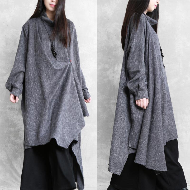 Gray Plaid Linen Clothes High Neck Asymmetric Traveling Dresses