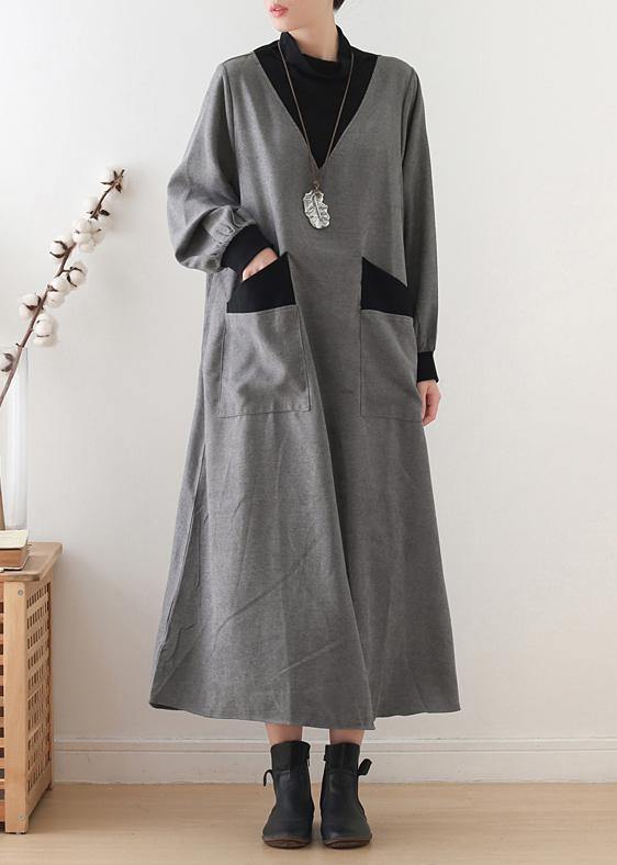 Gray Cotton Quilting Clothes High Neck Patchwork Dresses Fall Dresses