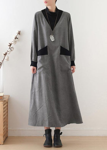Gray Cotton Quilting Clothes High Neck Patchwork Dresses Fall Dresses