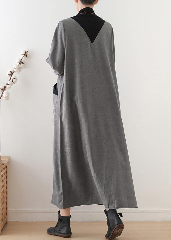 Gray Cotton Quilting Clothes High Neck Patchwork Dresses Fall Dresses