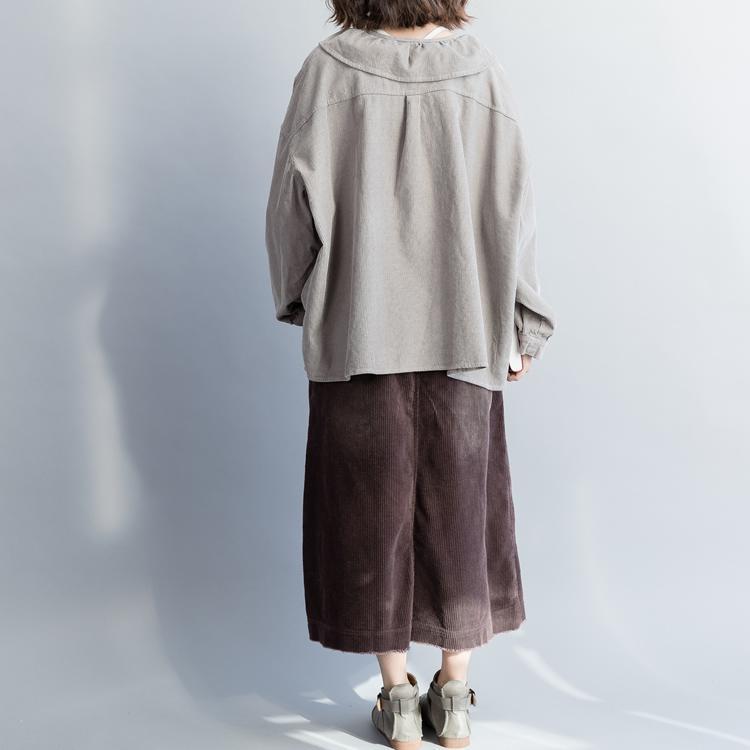 Gray Cotton Tunic Top Sleeve Loose Spring Ruffled Shirt