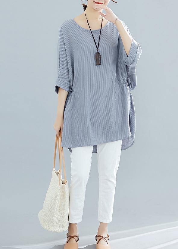 Gray Striped Cotton Clothes for Batwing Sleeve Loose Summer Blouse