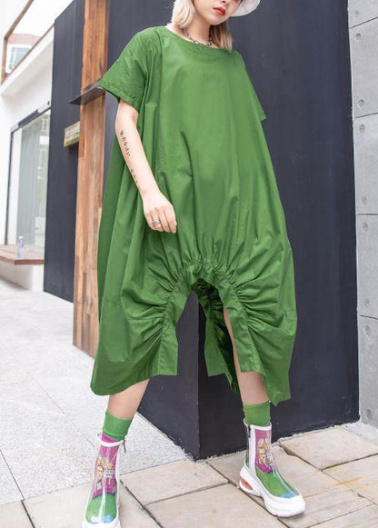 Green Cotton Dresses O Neck Asymmetric Knee Summer Dresses