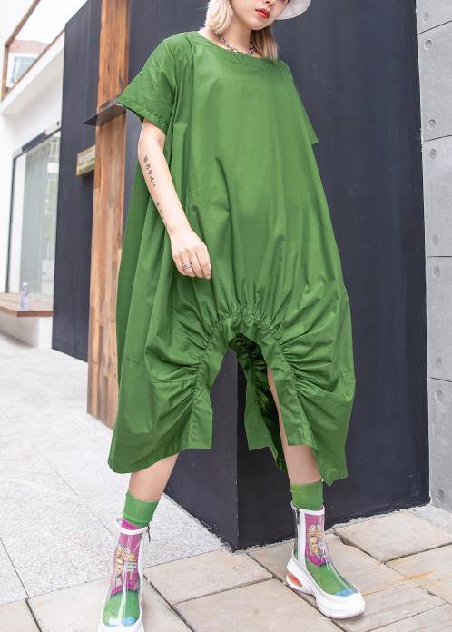 Green Cotton Dresses O Neck Asymmetric Knee Summer Dresses