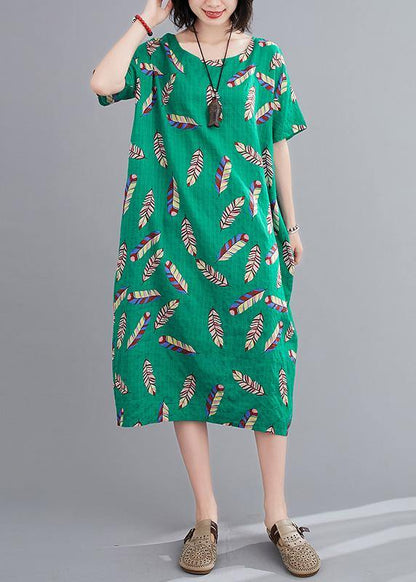 Green Feather Print Clothes O Neck Cotton Robes Dresses