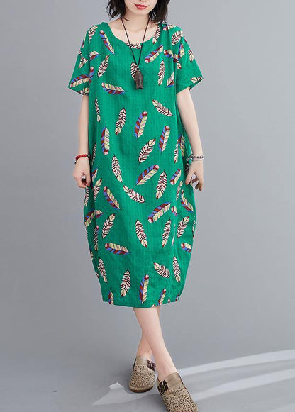 Green Feather Print Clothes O Neck Cotton Robes Dresses